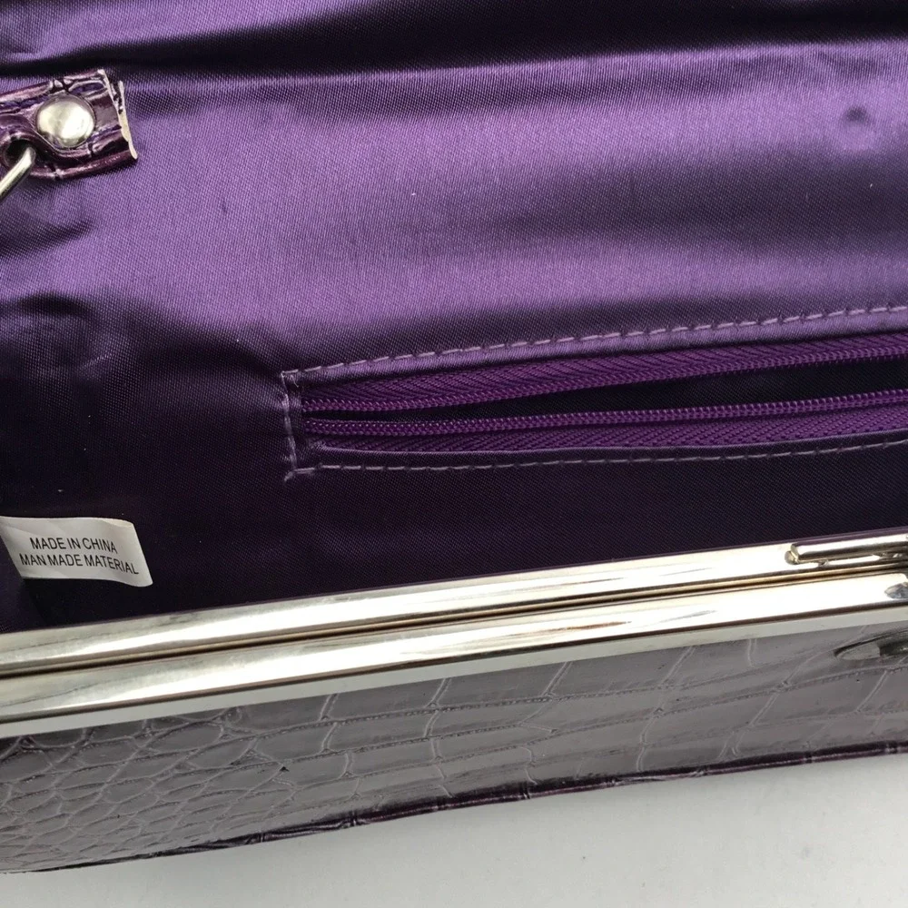 Purple Crocodile Embossed Faux Leather Wristlet Envelope Clutch Evening‎ Bag